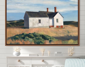 May include: A painting depicting a white house with a red roof and two chimneys, situated in a grassy field against a blue sky with white clouds.