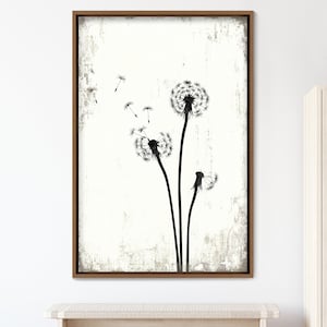 Black and White Grunge Dandelion Flower Canvas Art Print, Frame Large Wall Art, Gift, Wall Decor