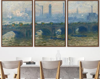 Claude Monet 3 Piece Canvas Wall Art Set | Waterloo Bridge, Overcast 1903, Frame Large Wall Art, Vintage Art, Minimalist Art,Gift,Wall Decor