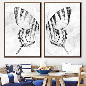 Black and White Monarch Butterfly Wing Insect Nature Wilderness Illustrations Modern Art, 2 Piece Canvas Wall Art Set, Gift, Wall Decor