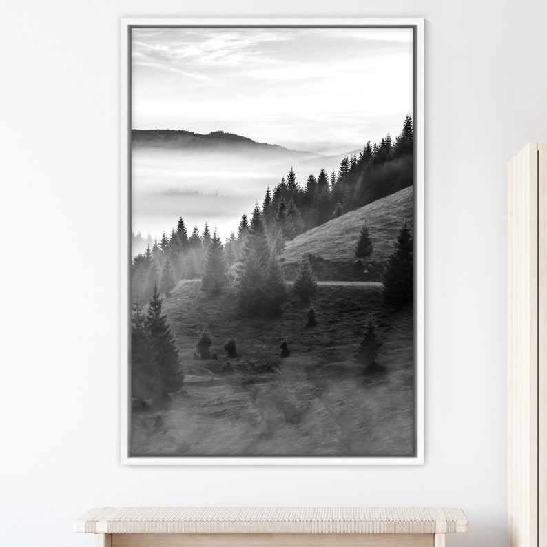 Black and White Misty Forest Landscape Canvas Art Print, Mountain Wall ...