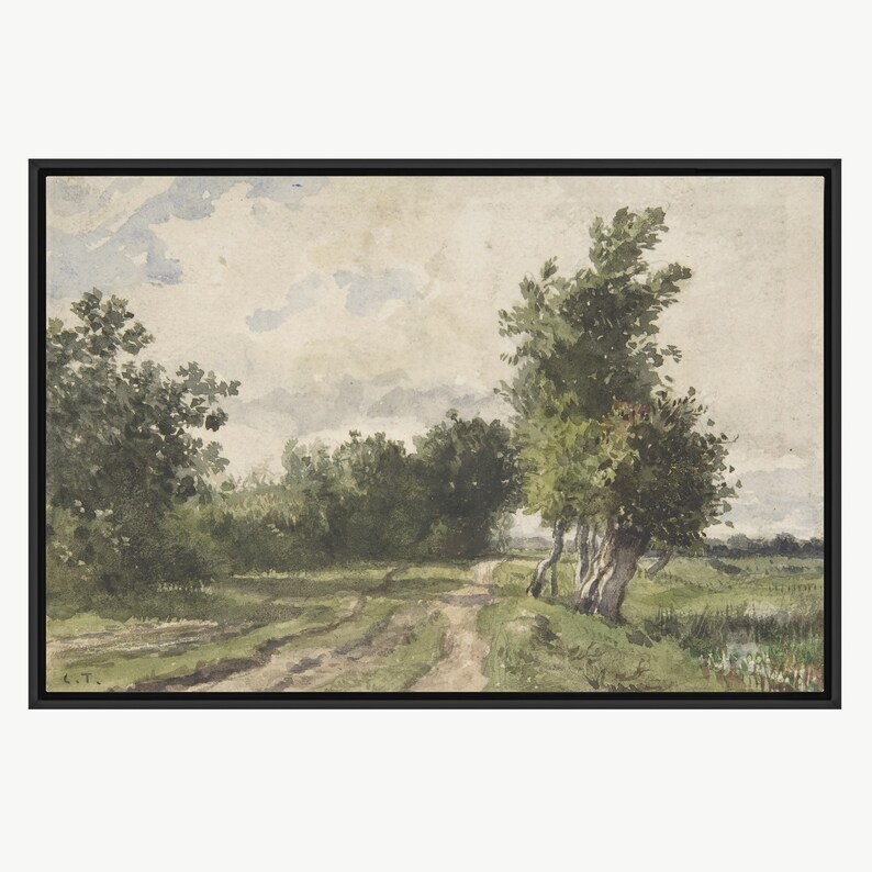 May include: A watercolour painting depicting a country lane meandering through a verdant woodland. The sky is a pale grey with some clouds. The trees are various shades of green and the lane is a light brown.