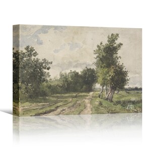 May include: A watercolour painting depicting a winding dirt road through a lush green forest. The road leads to a clearing with a group of trees in the distance. The sky is a soft blue with wispy clouds.