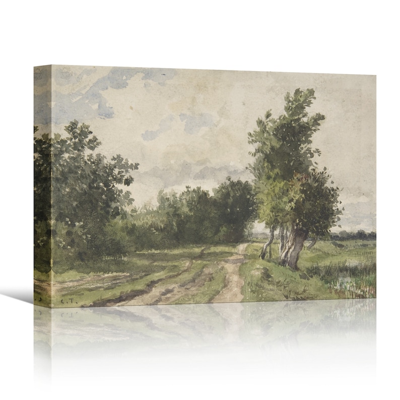May include: A watercolour painting depicting a winding dirt road through a lush green forest. The road leads to a clearing with a group of trees in the distance. The sky is a soft blue with wispy clouds.