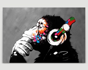 Banksy Thinking Monkey With Headphones Canvas Art Print