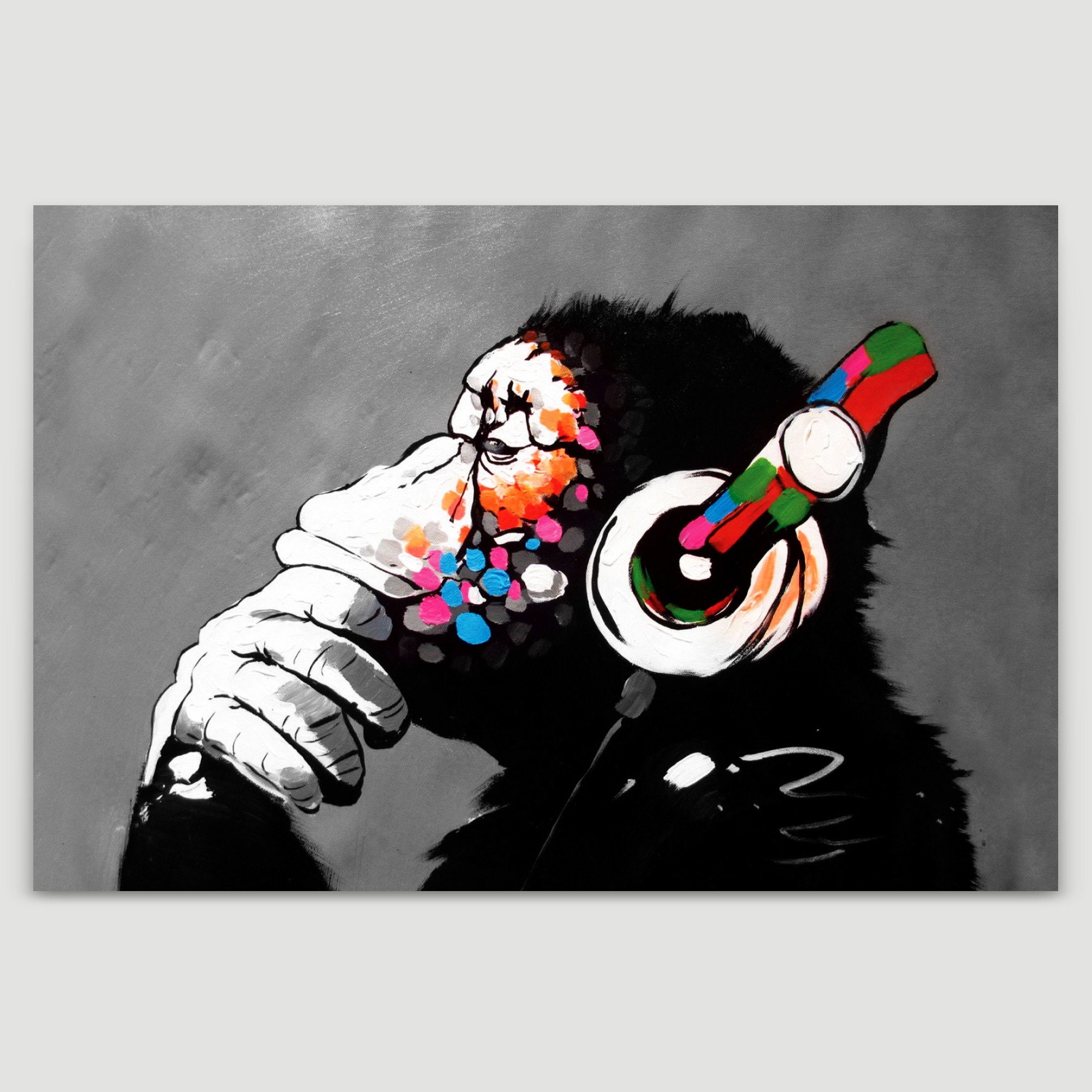 Banksy Thinking Monkey With Headphones Canvas Art Print