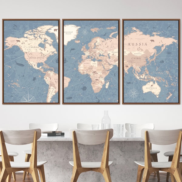 3 Piece Large Canvas Wall Art Set, Retro Vintage Antique Pastel World Map Global Country Illustrations Modern Art International Educational