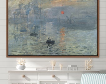 May include: A painting of a foggy sunrise over a harbor with a red sun in the sky and a small boat with two figures in the foreground.