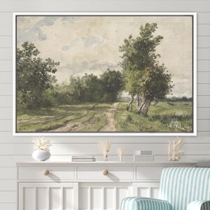 May include: A watercolour painting of a country road winding through a green forest with a cloudy sky in the background.