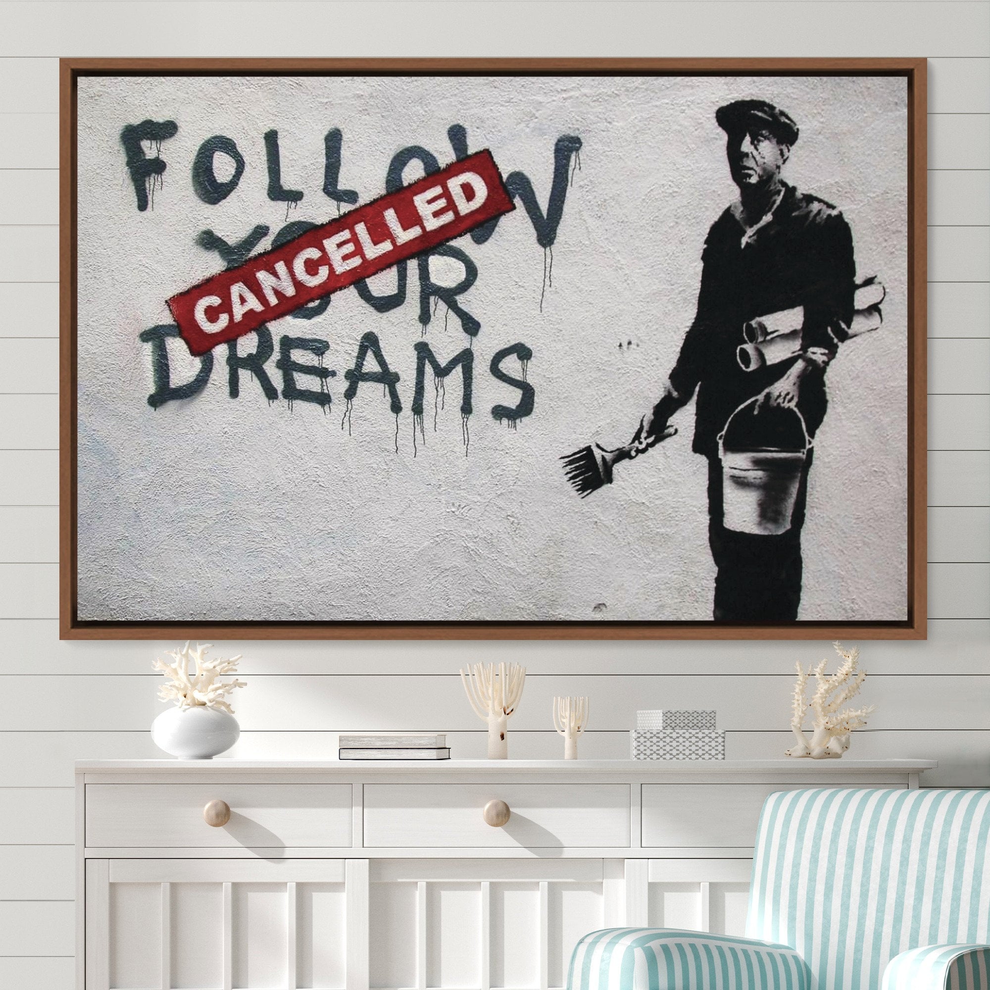 Banksy Cancelled Follow Your Dreams Graffiti and Street Art Illustrations Canvas Art Print, Frame Large Wall Art, Gift, Wall Decor