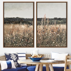 2 Piece Canvas Wall Art Set, Landscape Wall Art Wildflower Field Oil Painting Large Wall Art Print, Landscape Wall Decor Vintage Art