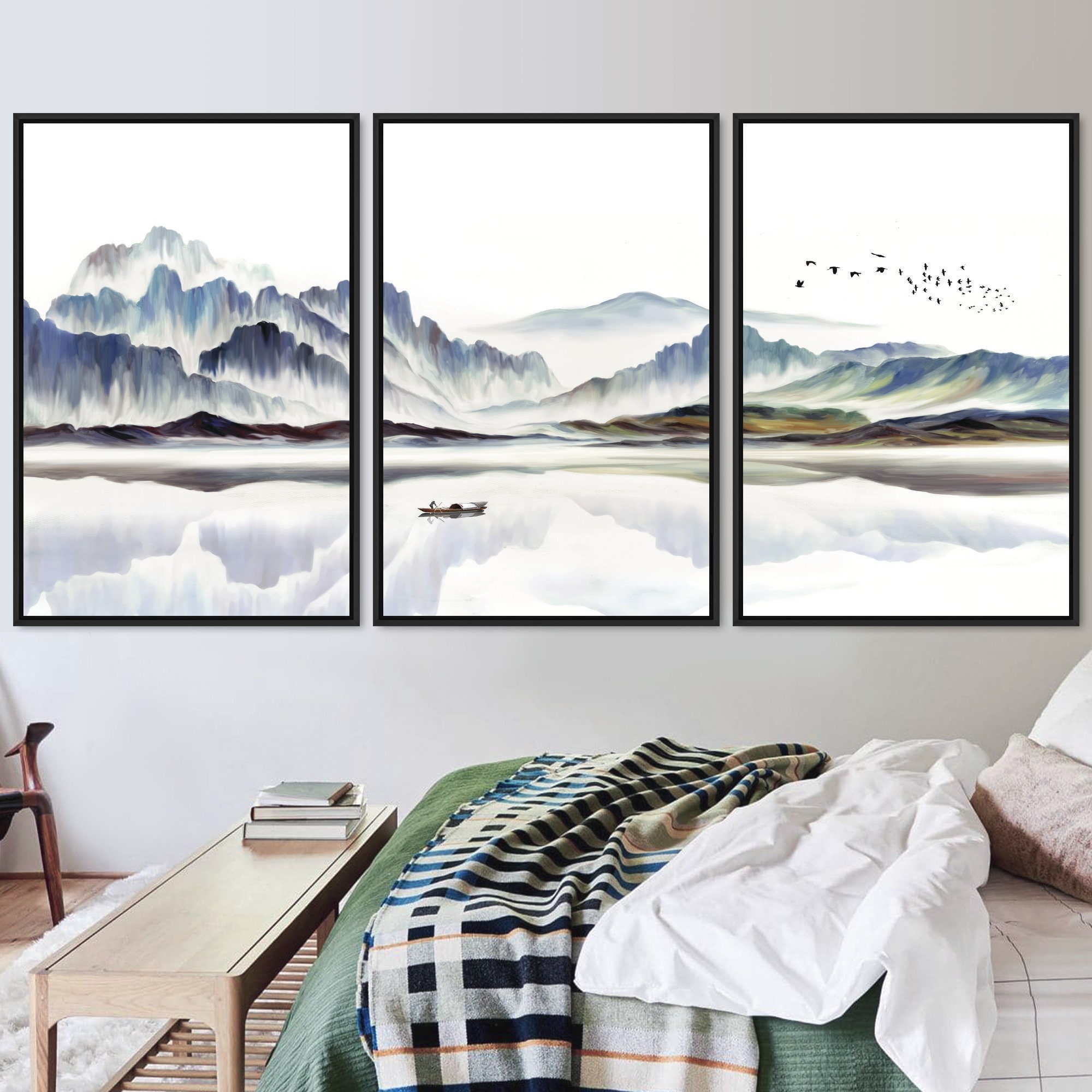 3 Piece Canvas Wall Art Set, Watercolor Mountain Landscape With Boat ...