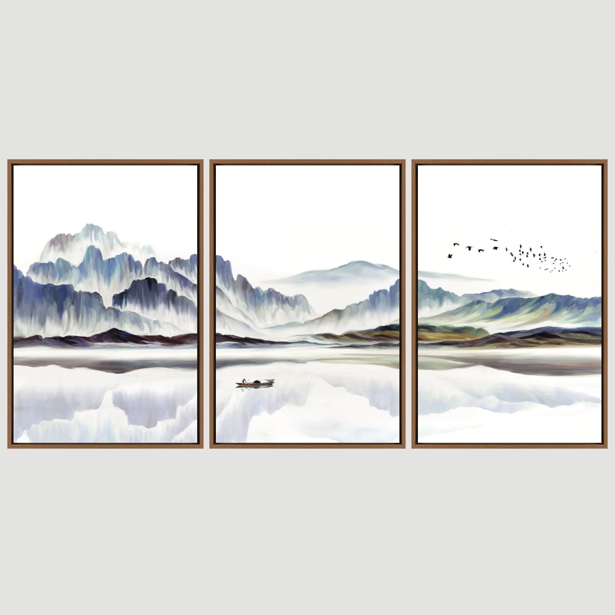 3 Piece Canvas Wall Art Set, Watercolor Mountain Landscape With Boat ...