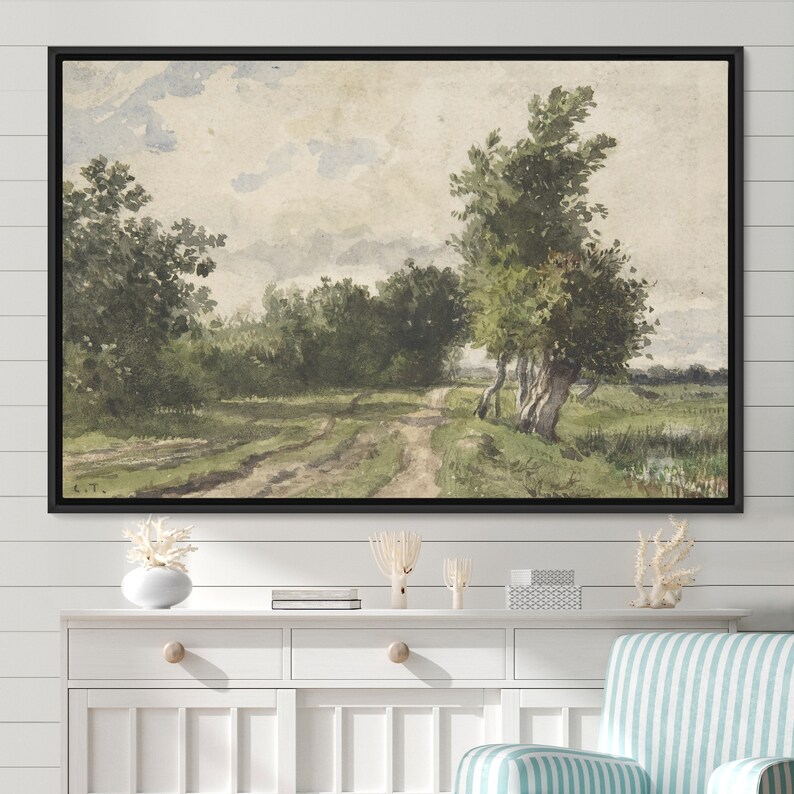 May include: A watercolour painting depicting a country lane meandering through a verdant woodland. The sky is a pale blue with white clouds. The trees are various shades of green and brown. The lane is a light brown with a few puddles of water.