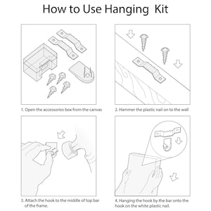 May include: A four-step illustrated guide on how to use a hanging kit for a canvas. The steps include opening the accessories box, hammering a plastic nail into the wall, attaching a hook to the top bar of the frame, and hanging the hook on the nail.