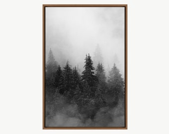 Black and White Mist Over Pine Trees Nature Canvas Art Print, Mountain Wall Art, Frame Large Wall Art, Minimalist Art, Gift, Wall Decor