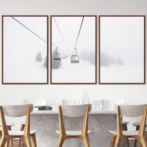 Ski Lift on Snowy Winter Mountain Nature Wilderness Photography Large Wall Art Print, Landscape Wall Decor Art, 3 Piece Canvas Wall Art Set
