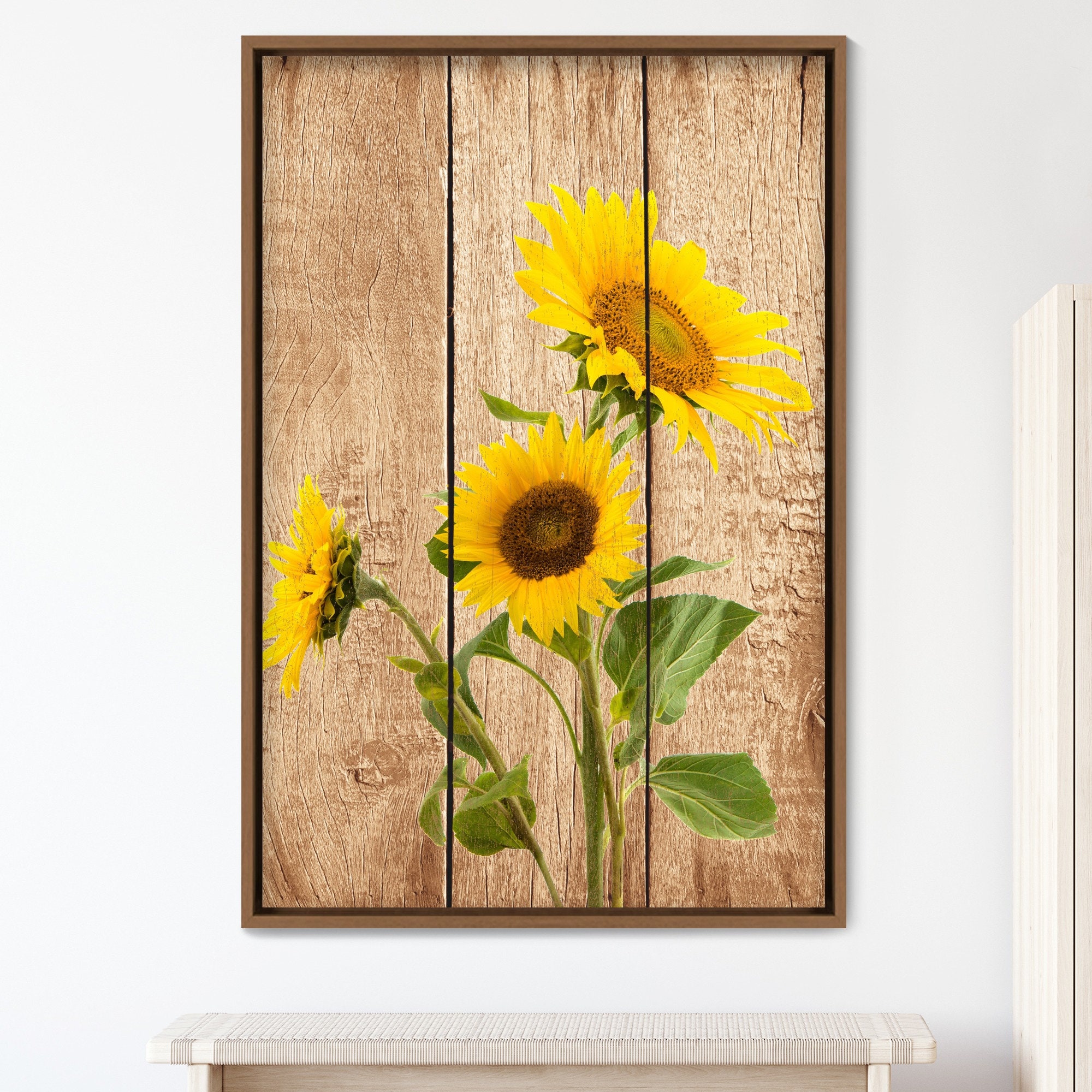 Frame Large Wall Art Yellow Sunflower Trio on Wood Panels Nature