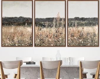 3 Piece Canvas Wall Art Set, Landscape Wall Art Wildflower Field Oil Painting Large Wall Art Print, Landscape Wall Decor Vintage Art