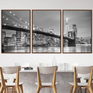 Black White Manhattan Bridge in NYC Architecture Cityscape Photography Large Wall Art, Landscape Wall Decor Art, 3 Piece Canvas Wall Art Set