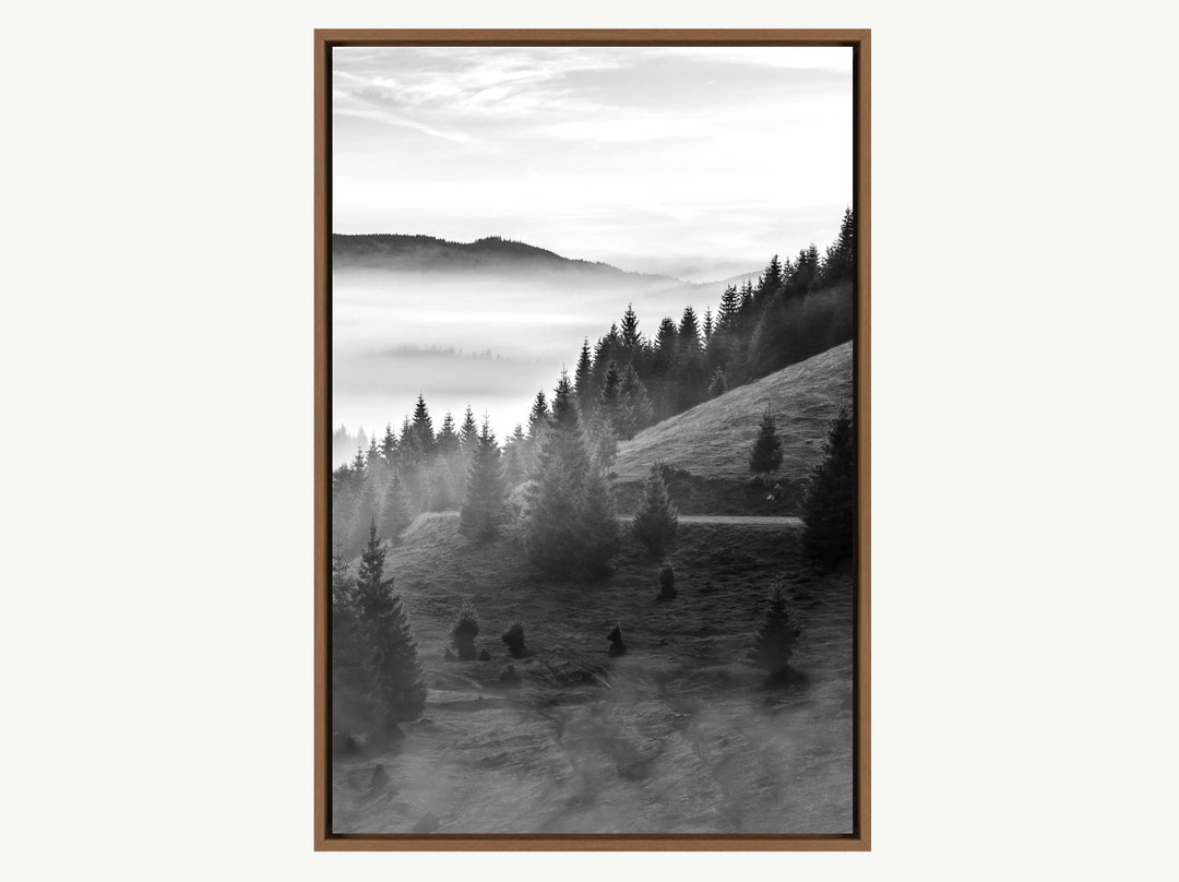 Black and White Misty Forest Landscape Canvas Art Print, Mountain Wall ...