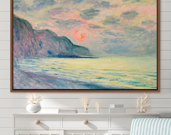 May include: A painting of a seascape with a large, orange sun setting over the horizon. The sky is a mix of pink, blue, and gray clouds. The water is a light blue and green color, and the beach is a light brown.