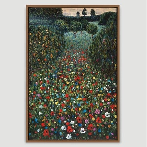 Poppy Fields by Gustav Klimt, Framed Canvas Landscape Wildflower Wall Art Print, Frame Large Wall Art,Vintage Art,Green Art, Gift,Wall Decor