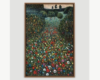 Poppy Fields by Gustav Klimt, Framed Canvas Landscape Wildflower Wall Art Print, Frame Large Wall Art,Vintage Art,Green Art, Gift,Wall Decor