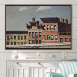 May include: A painting of a row of brick buildings with a light blue sky and white clouds in the background. The buildings have multiple windows and a fire escape.