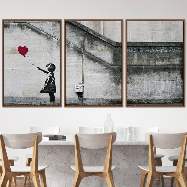 3 Piece Canvas Wall Art Set, Banksy There is Always Hope Girl with Balloon Graffiti and Street Art, Large Wall Art Print, Vintage Art, Gift