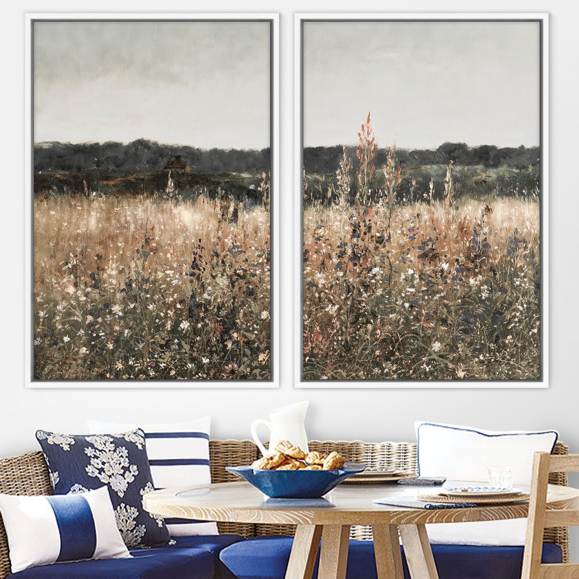 2 Piece Canvas Wall Art Set, Landscape Wall Art Wildflower Field