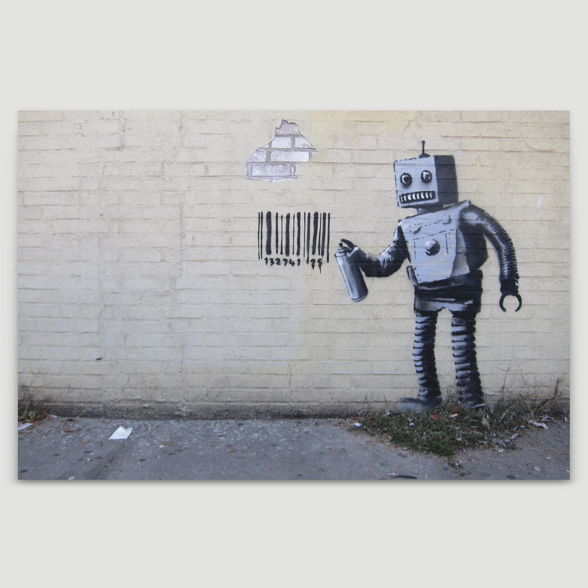 Banksy Robot Spray Painting Barcode Graffiti Street Art