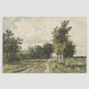 May include: A watercolour painting depicting a winding dirt road through a lush green forest. The road leads to a clearing with a group of trees in the foreground. The sky is a soft blue with white clouds.