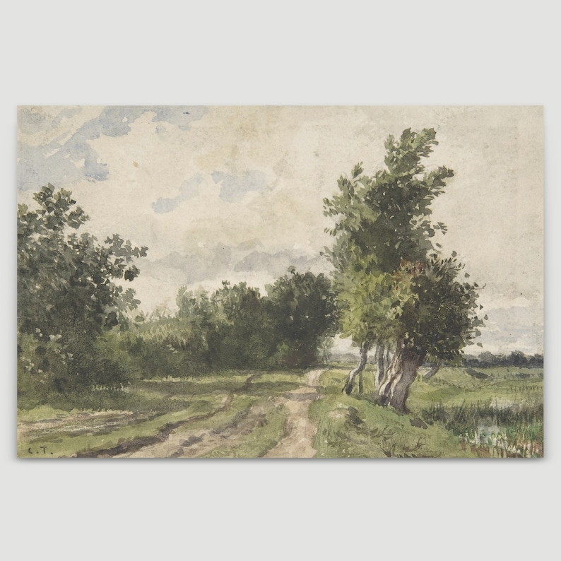 May include: A watercolour painting depicting a winding dirt road through a lush green forest. The road leads to a clearing with a group of trees in the foreground. The sky is a soft blue with white clouds.