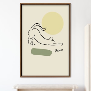 Framed Wall Art Picasso Stretching Cat with Green Circles Animals Illustrations Modern Canvas Art, Frame Large Wall Art, Gift, Wall Decor