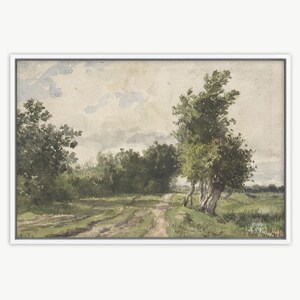 May include: A watercolour painting depicting a country road winding through a lush green forest. The sky is a soft grey with wispy clouds. The trees are painted in shades of green and brown, and the road is a light brown.