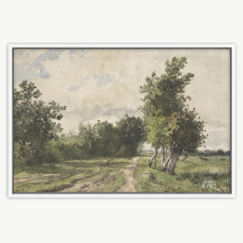 May include: A watercolour painting depicting a country road winding through a lush green forest. The sky is a soft grey with wispy clouds. The trees are painted in shades of green and brown, and the road is a light brown.