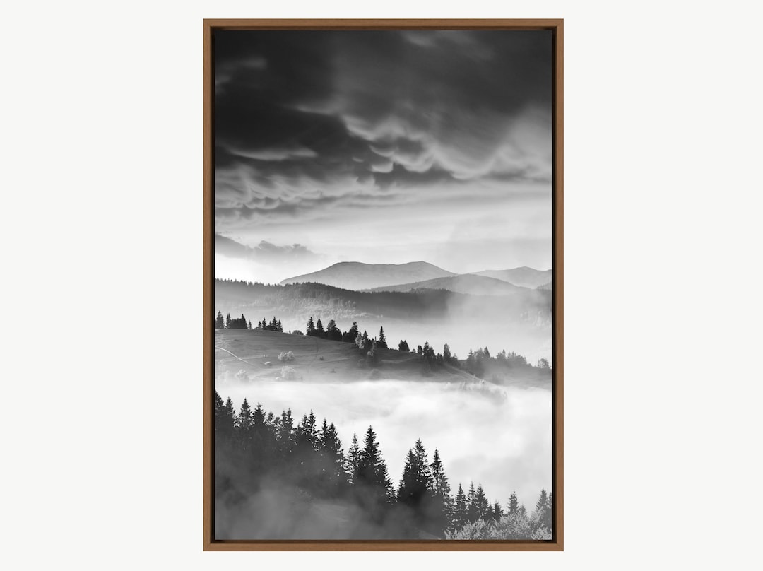 Black and White Foggy Mountain Landscape Canvas Art Print, Mountain ...