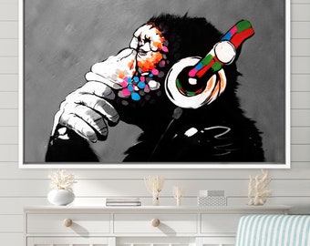 Banksy Thinking Monkey With Headphones Canvas Art Print, Frame