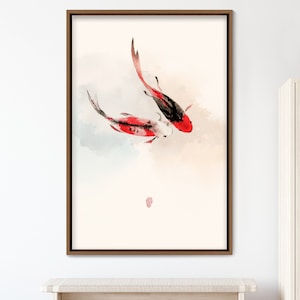 May include: A framed watercolor painting of two red and white koi fish swimming in a light blue and white background.