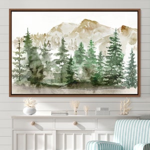 Framed Canvas Watercolor Mountain Forest Landscape Nature Wilderness Illustrations Modern Rustic Scenic Large Abstract Art, Minimalist Art