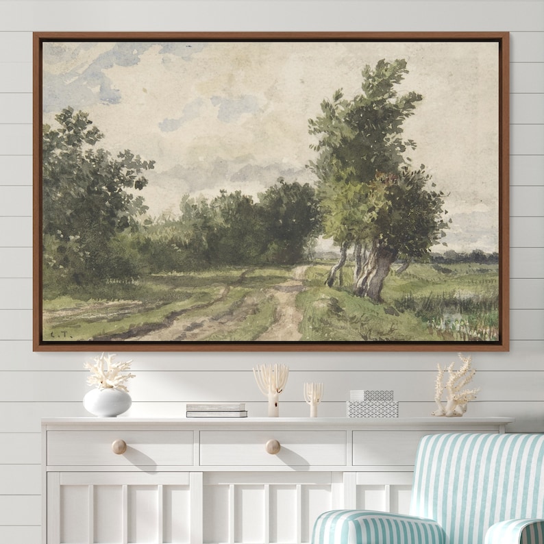 May include: A watercolour painting of a country road winding through a green forest with a cloudy sky in the background.