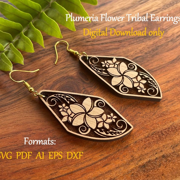 Plumeria  Flowers and Polynesian Tribal Hawaiian Earrings Digital File / Reverse Engrave / svg, pdf, eps, ai, dxf