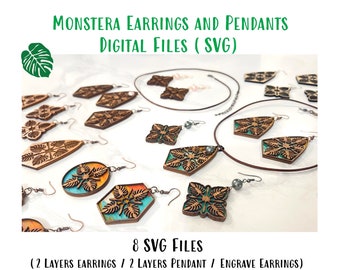 2 Layers Monstera Quilt Earrings and Pendant Digital File SVG / Monstera Quilt Earrings Engrave Digital File SVG