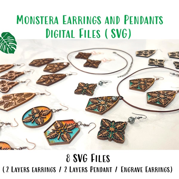 2 Layers Monstera Quilt Earrings and Pendant Digital File SVG / Monstera Quilt Earrings Engrave Digital File SVG