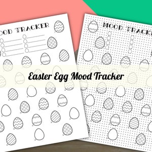 May include: Black and white printable Easter egg mood tracker with the text "MOOD TRACKER" at the top. The tracker has 36 eggs to color in to track your mood.