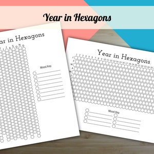 May include: Two printable sheets with a hexagonal grid for tracking moods throughout the year. Each sheet has a "Year in Hexagons" title and a "Mood Key" section with blank lines for labeling.