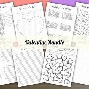 Peut inclure: Un lot de pages de planificateur imprimables pour la Saint-Valentin avec des motifs de cœurs. Les pages comprennent une année en cœurs, un suivi des économies, un suivi des habitudes, une liste de choses à faire et un défi d'épargne.