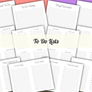 May include: A printable set of to-do lists with different headings, including "Things I Need To Do", "To Do Today", and "Stay Focused". The lists are designed with hearts and lines for checking off tasks.