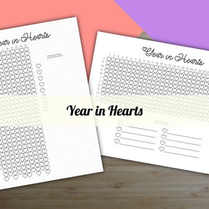 May include: A printable year in hearts tracker with a mood key. The tracker is divided into months and days, with a heart for each day. The mood key is a blank space for users to add their own mood indicators.